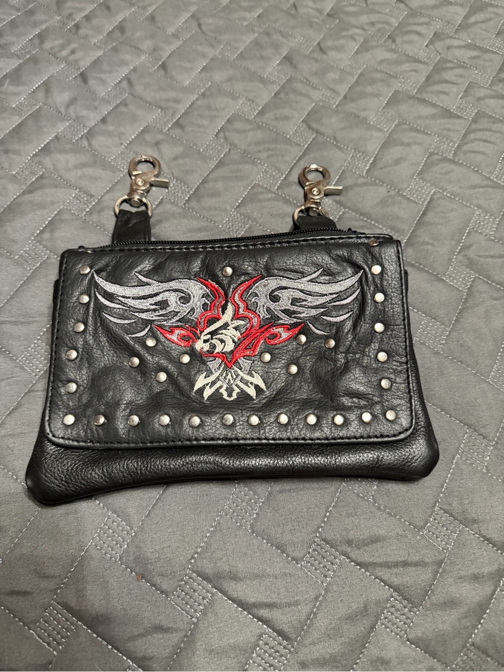 Black Studded Wing-Embroidered Women's Leather wallet. Clips to your belt straps